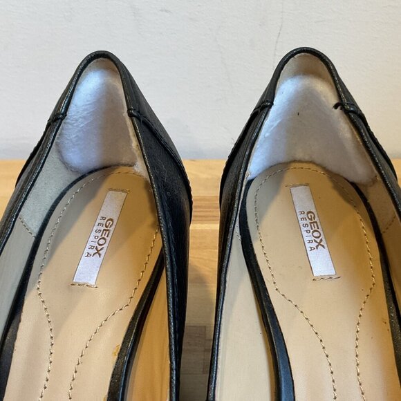 Geox Respira Black Leather Wedge Heels gold hardware Size 37 Peep-Toe open toe - Picture 12 of 16